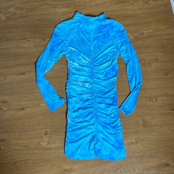 Blue Tie Dye Print Long Sleeve Jumpsuit Skinny Ruched Workout Romper - Picture 4 of 4